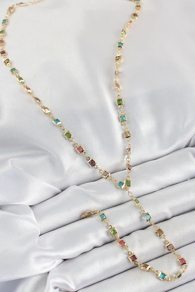 Pirinç Asorti Kare Model Gold Renk Zirkon Taşlı Y Kolye - Resim 2