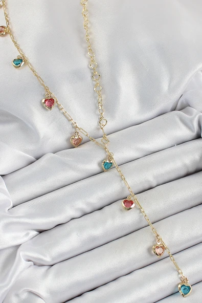 Pirinç Asorti Kalp Model Gold Renk Zirkon Taşlı Y Kolye ürün görseli 1