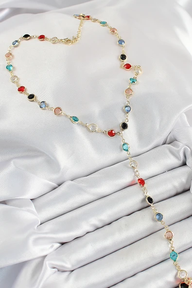 Pirinç Asorti Model Gold Renk Zirkon Taşlı Y Kolye - Resim 2