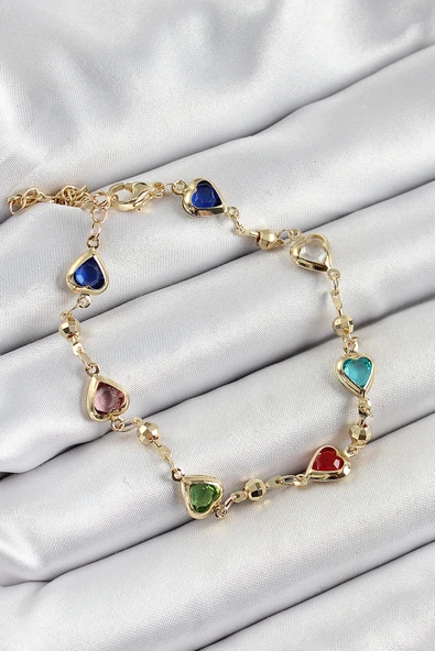 Pirinç Asorti Kalp Model Gold Renk Zirkon Taşlı Kadın Bileklik ürün görseli 1