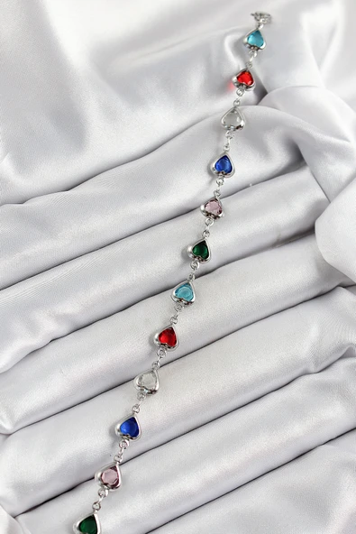 Pirinç Gümüş Renk Karışık Renk Kalp Zirkon Taşlı Kadın Bileklik - Resim 2