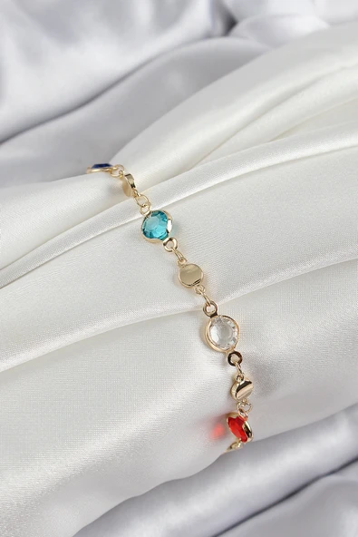 Pirinç Karışık Renk Zirkon Taşlı Gold Renk Kadın Bileklik ürün görseli 1