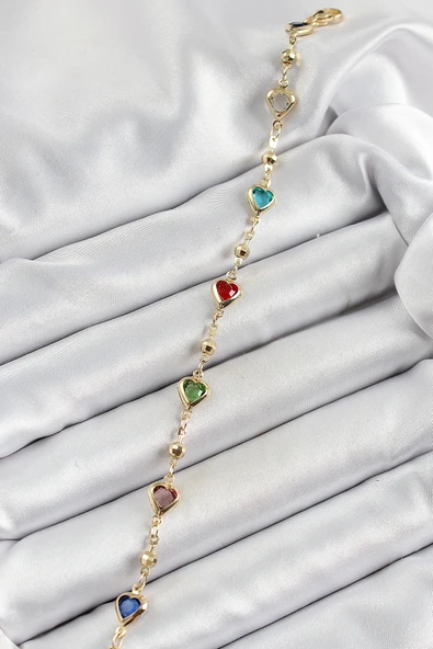 Pirinç Asorti Kalp Model Gold Renk Zirkon Taşlı Kadın Bileklik - Resim 2