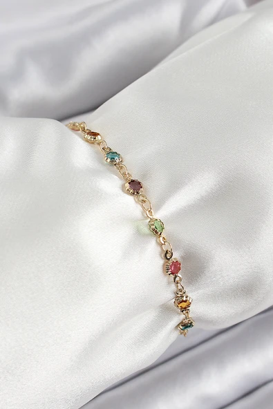 Pirinç Gold Renk Karışık Renkli Zirkon Taşlı Kadın Bileklik ürün görseli 1