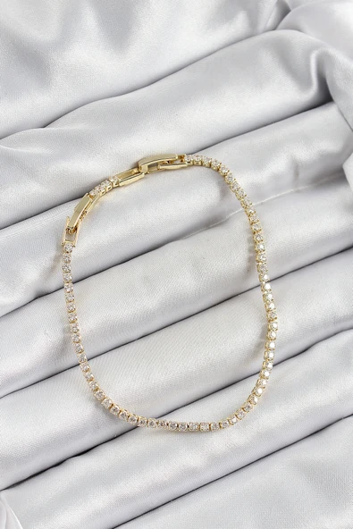 Pirinç Zirkon Taşlı İnce Su Yolu Model Gold Renk Kadın Bileklik - Resim 3