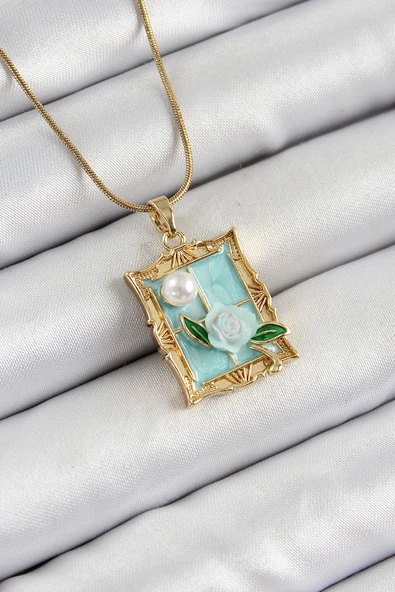 316L Çelik Zincir Turkuaz Sanatsal Portre İnci Detaylı Gül Figürlü Model Gold Renk Kadın Kolye ürün görseli 1