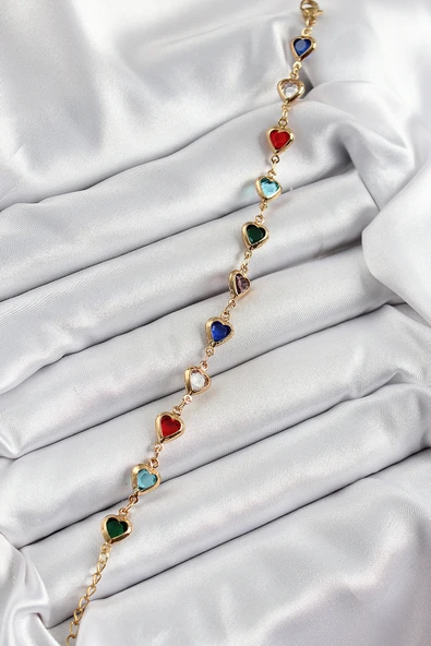 Pirinç Gold Renk Karışık Renk Kalp Zirkon Taşlı Kadın Bileklik - Resim 2