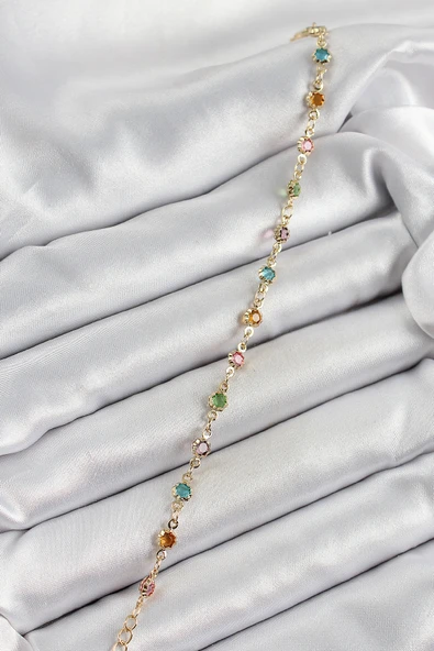 Pirinç Gold Renk Karışık Renkli Zirkon Taşlı Kadın Bileklik - Resim 2