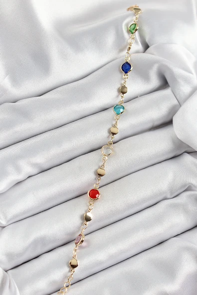 Pirinç Karışık Renk Zirkon Taşlı Gold Renk Kadın Bileklik - Resim 2