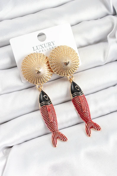 Pirinç Sallantılı Zirkon Taşlı Kırmızı Siyah Balık Model Gold Renk Kadın Küpe ürün görseli 1