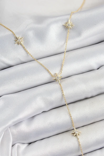 Pirinç Zirkon Taşlı Kutup Yıldız Figürlü Y Model Gold Renk Kadın Kolye ürün görseli 1