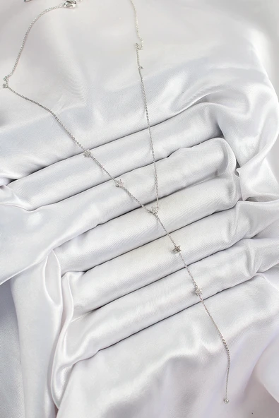 Pirinç Zirkon Taşlı Sıralı Yıldız Figürlü Y Model Gümüş Renk Kadın Kolye - Resim 2