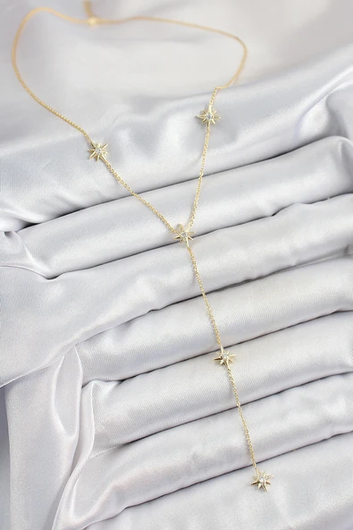 Pirinç Zirkon Taşlı Kutup Yıldız Figürlü Y Model Gold Renk Kadın Kolye - Resim 2