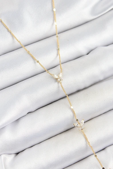 Pirinç Zirkon Taşlı Sıralı Kelebek Figürlü Y Model Gold Renk Kadın Kolye ürün görseli 1