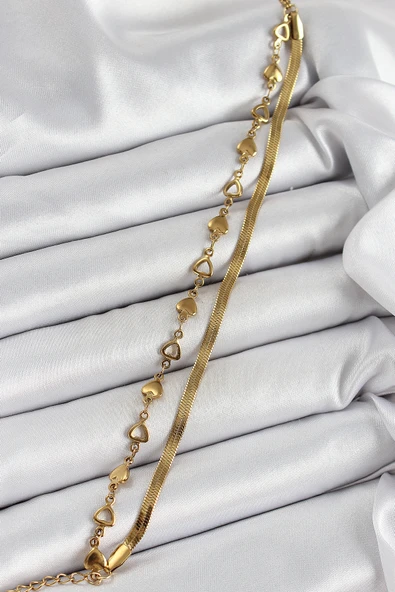 316L Çelik Gold Renk Kalpli Zincir ve İtalyan Zincirli 2'li Kadın Bileklik ürün görseli