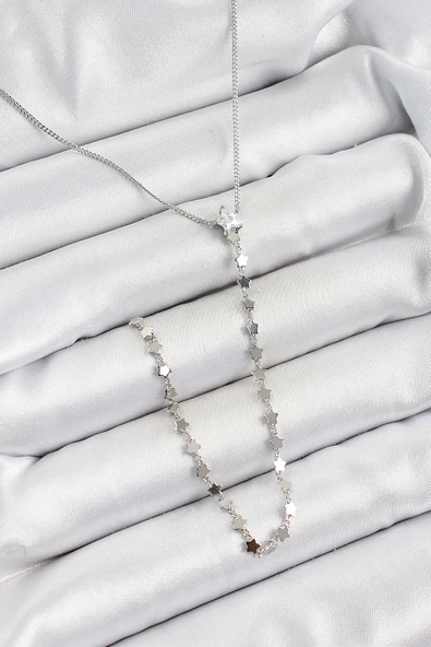 Pirinç Zirkon Taşlı Yıldız Figürlü Y Model Gümüş Renk Kadın Kolye ürün görseli 1