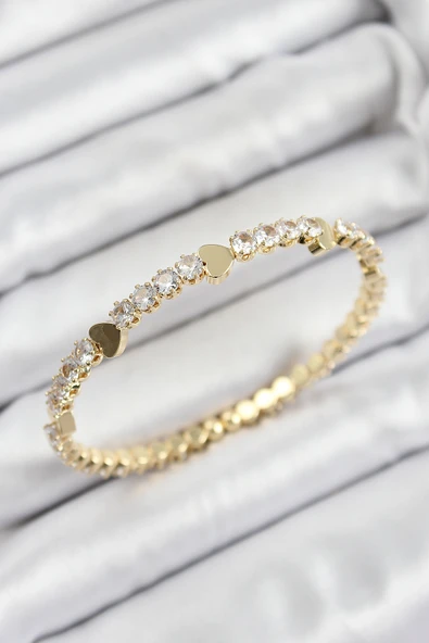 Pirinç Zirkon Taşlı Kalp Model Gold Renk Yaylı Kadın Bileklik ürün görseli 1