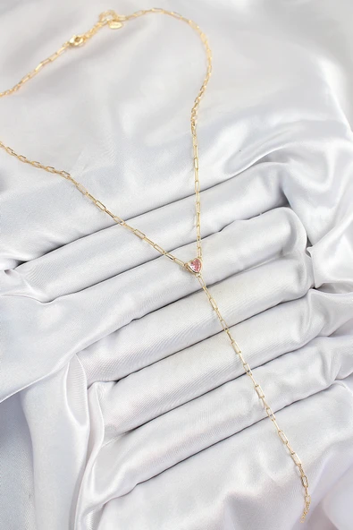 Pirinç Zirkon Taşlı Pembe Kalp Figürlü Y Model Gold Renk Kadın Kolye - Resim 2