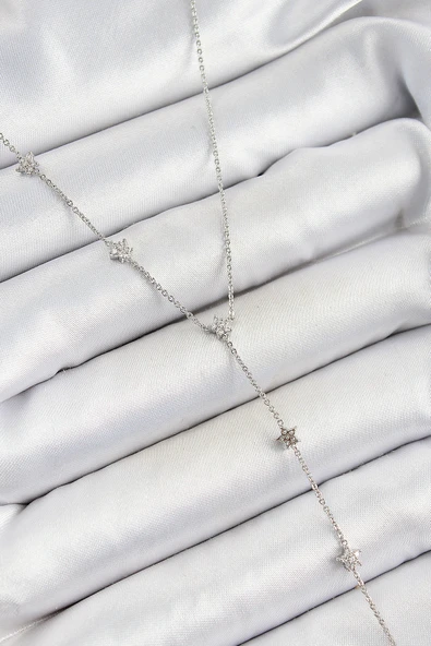 Pirinç Zirkon Taşlı Sıralı Yıldız Figürlü Y Model Gümüş Renk Kadın Kolye ürün görseli 1