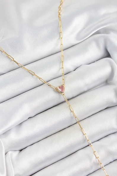 Pirinç Zirkon Taşlı Pembe Kalp Figürlü Y Model Gold Renk Kadın Kolye ürün görseli 1