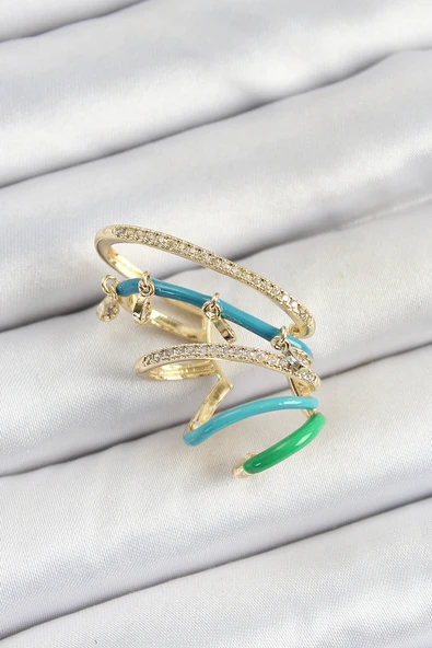 Pirinç Zirkon Taşlı Mavi Yeşil Sıkıştırma Sağ Kıkırdak Gold Renk Kadın Küpe ürün görseli 1