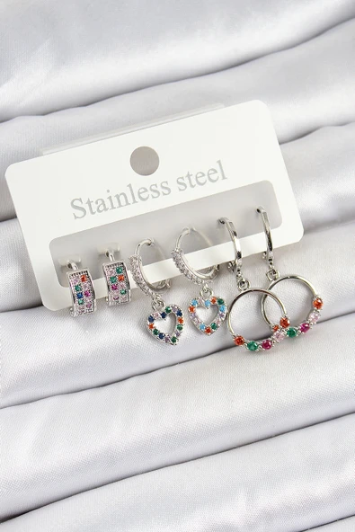 Pirinç Zirkon Taşlı Kalp Ve Halka Model Gold Renk 6'lı Set Kadın Küpe ürün görseli 1