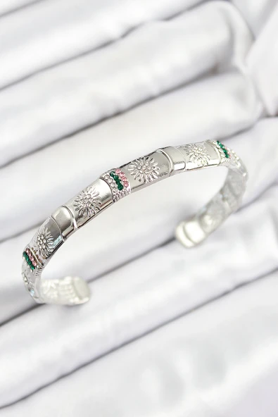 Pirinç Karışık Zirkon Taşlı Çiçek Model Gümüş Renk Altı Açık Kadın Bileklik ürün görseli 1