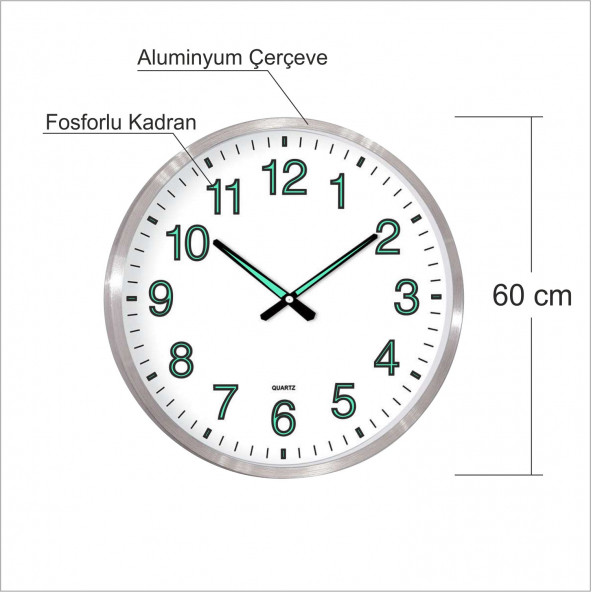 Büyük Dev 60 cm Ebat Ebadında Aluminyum Çerçeve Gerçek Ön Camlı Gece Görünen Fosforlu Duvar Saati - 5