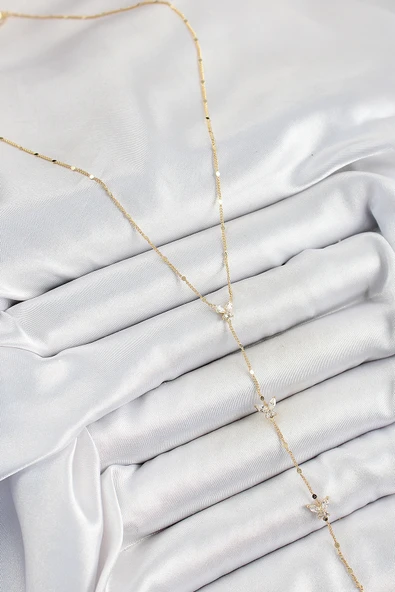 Pirinç Zirkon Taşlı Sıralı Kelebek Figürlü Y Model Gold Renk Kadın Kolye - Resim 2