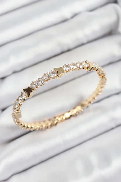 Pirinç Zirkon Taşlı Kelebek Model Gold Renk Yaylı Kadın Bileklik ürün görseli 1
