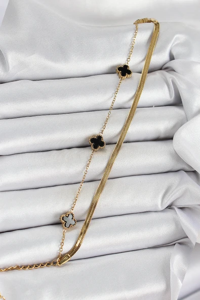 316L Çelik Gold Renk Siyah Yoncalı İtalyan Zincirli 2'li Kadın Bileklik ürün görseli 1