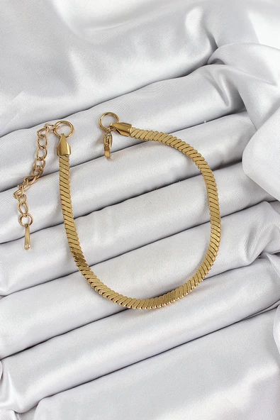 316L Çelik Gold Renk Yassı Zincir Model Kadın Bileklik - Resim 2