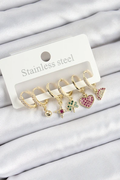 Pirinç Zirkon Taşlı Karpuz Yonca Kalp Pusula Karışık Model Gold Renk 6'lı Set Kadın Küpe - 1