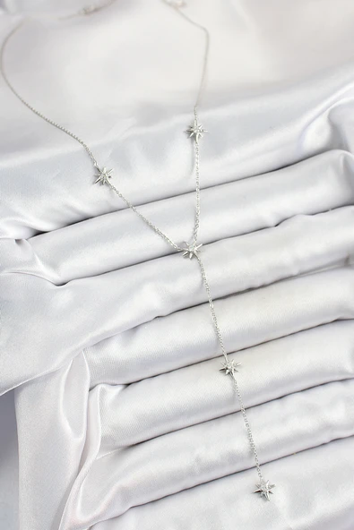 Pirinç Zirkon Taşlı Kutup Yıldız Figürlü Y Model Gümüş Renk Kadın Kolye - Resim 2