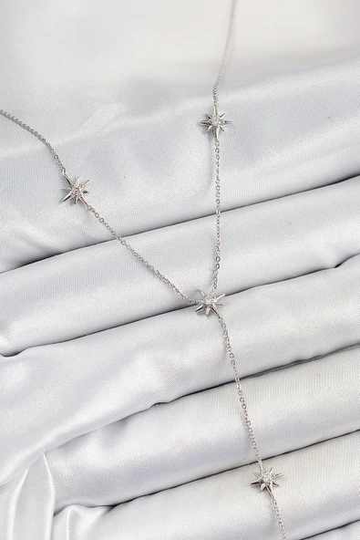 Pirinç Zirkon Taşlı Kutup Yıldız Figürlü Y Model Gümüş Renk Kadın Kolye ürün görseli 1