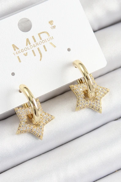 Pirinç Zirkon Taşlı Yıldız Figürlü Halka Model Gold Renk Kadın Küpe ürün görseli 1