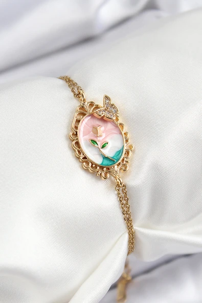 316L Çelik Zincir Mineli Sanatsal Portre Zirkon Taşlı Kelebek Detaylı Çiçek Model Gold Renk Kadın Bileklik ürün görseli 1