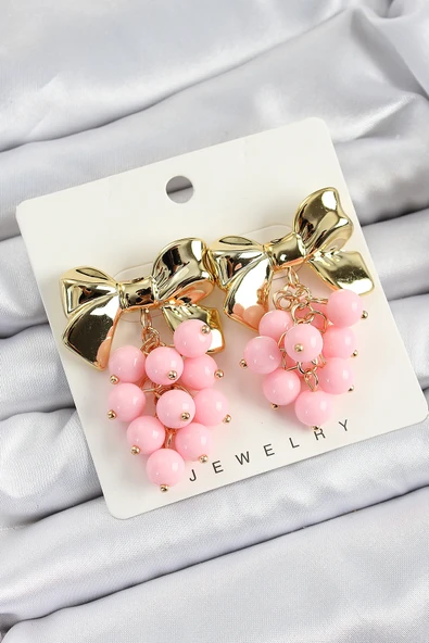 Pirinç Sallantılı Pembe Boncuklu Fiyonk Vintage Model Gold Renk Kadın Küpe - 1