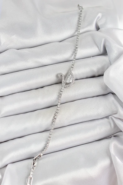 Pirinç Gümüş Renk Zirkon Taşlı Kuğu Model Kadın Bileklik - Resim 2