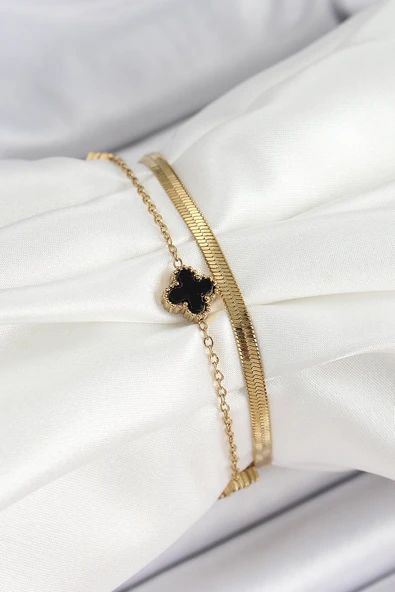 316L Çelik Gold Renk Siyah Yoncalı İtalyan Zincirli 2'li Kadın Bileklik - Resim 2