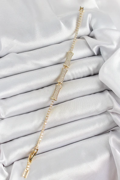 Pirinç Gold Renk Zirkon Taşlı Kemik Model Kadın Bileklik - Resim 2