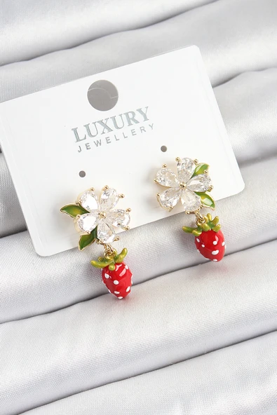 Pirinç Mineli Zirkon Taşlı Çiçek Model Sallantılı Çilek Detaylı Gold Renk Kadın Küpe ürün görseli 1