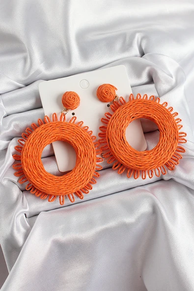 Turuncu Püsküllü Halka Figürlü Hasır Örgü Model Gold Renk Kadın Küpe