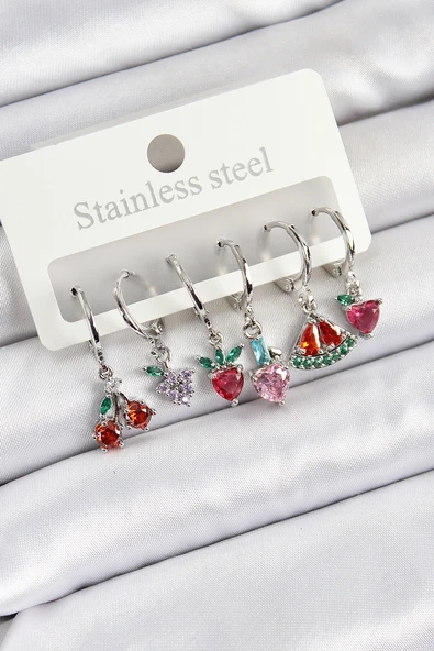 Pirinç Zirkon Taşlı Karpuz Yonca Kalp Pusula Karışık Model Gümüş Renk 6'lı Set Kadın Küpe ürün görseli 1