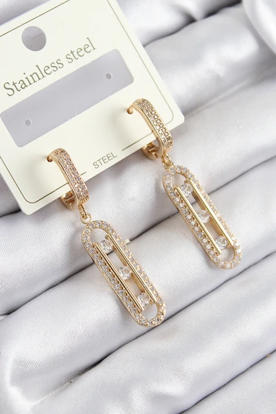 316L Çelik Zirkon Taşlı Sallantılı Messika Model Gold Renk Kadın Küpe - 1