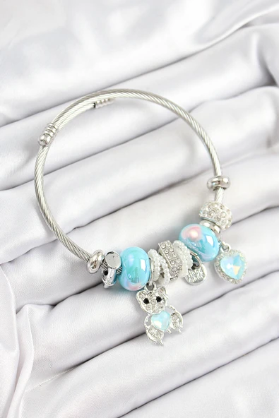 316L Çelik Mavi Zirkon Taşlı Ayıcık Ve Kalp Model Gümüş Renk Charm Bileklik ürün görseli 1