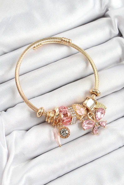316L Çelik Pembe Zirkon Taşlı Kelebek Model Gold Renk Charm Bileklik - 1