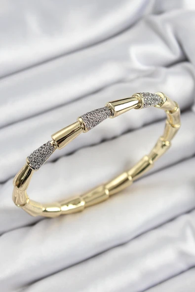 Pirinç Zirkon Taşlı Kemik Model Gold Renk Vip Kadın Bileklik - 1