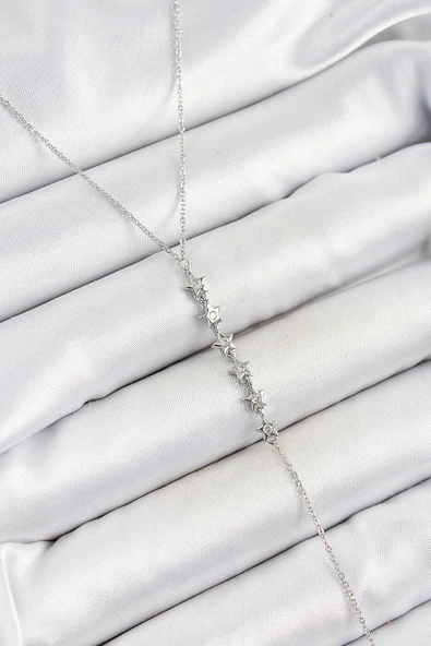 Pirinç Zirkon Taşlı Sıralı Yıldız Figürlü Y Model Gümüş Renk Kadın Kolye ürün görseli 1