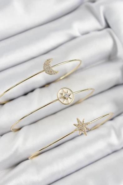 Pirinç Zirkon Taşlı Ay Ve Kutup Yıldızı Model Gold Renk Vip 3'lü Kadın Bileklik - Resim 2